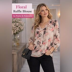 Floral Ruffle Blouse L | Pink Black White | Feminine Chic | Flowy Top